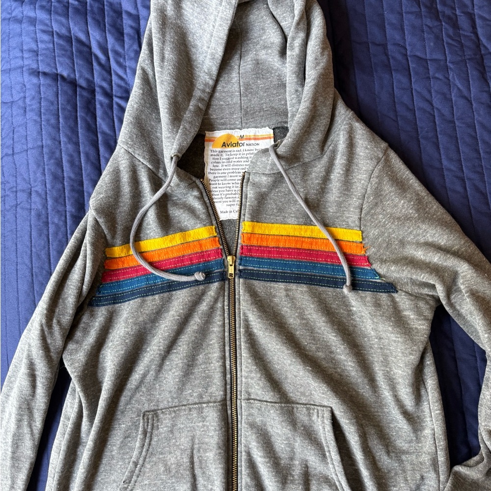 Aviator Nation Gray Hoodie women’s medium with Colorful Stripes